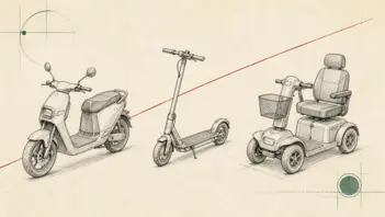 Teknisk tegning af en lille elscooter, et stående elløbehjul og en firehjulet mobilitetsscooter