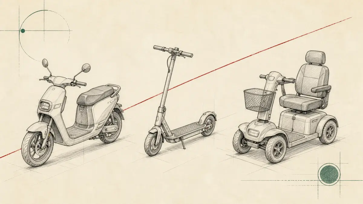 Teknisk tegning af en lille elscooter, et stående elløbehjul og en firehjulet mobilitetsscooter
